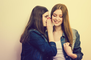 Two beautiful teenage girls sharing secrets on white background