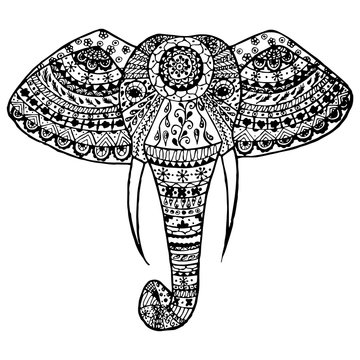 vector illustration hand-drawn black and white Indian elephant head patterns on a transparent background