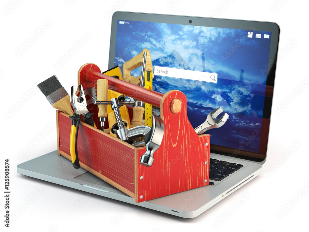 Wall mural Online support. Laptop and toolbox with tool  isolated on white