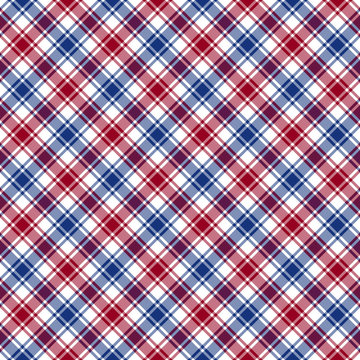 Red blue white diagonal check fabric texture seamless pattern