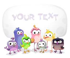 Funny vector banner with cartoon birds.