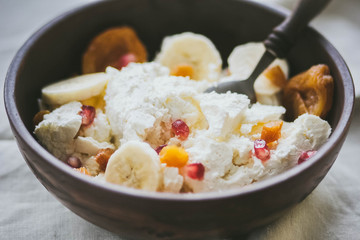 Breakfast cottage cheese with yogurt fruits 