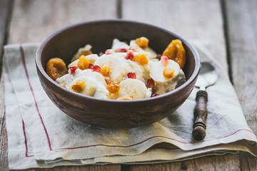 Breakfast cottage cheese with yogurt fruits 