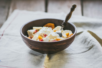 Breakfast cottage cheese with yogurt fruits 