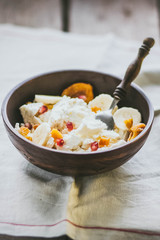 Breakfast cottage cheese with yogurt fruits 