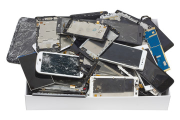  Broken phones and tablets  in the white cardboard box