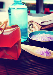 Spa still life with soap, bath salt, cream,towel,candles