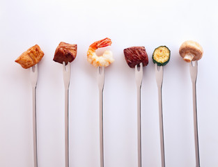 Skewers with meat and Vegetable. 1. Chicken 2. Pork 3. Shrimp 4. Beef 5. Zucchini 6. Mushrooms
