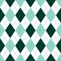 Seamless argyle pattern in dark green, aquamarine green and white. 