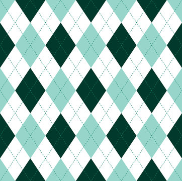Seamless argyle pattern in dark green, aquamarine green and white. 