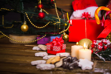 Christmas Scene with gifts and Christmas tree in the background