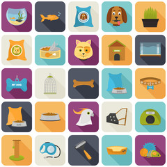Pet store color icons set. Flat design. Pet shop theme