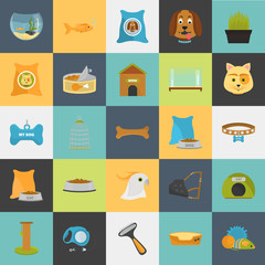 Pet store color icons set. Flat design. Pet shop theme