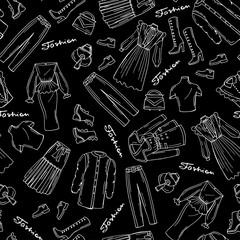 Pattern with hand drawn isolated fashionable clothes for women on black color. Pattern on the theme of fashion