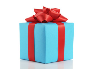 blue gift box with red ribbon bow isolated on white