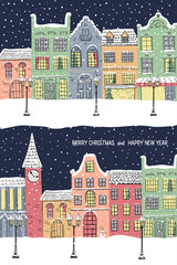 Christmas and  New year greeting card. Hand drawn snowy town
