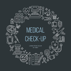 Medical poster template. Vector line icon, illustration of medical center, health check up. Medical equipment - mri, cardiogram, glucometer, doctor, ultrasound, blood test. Healthcare banner design
