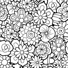 Fototapeta premium Black and white seamless floral pattern. Monochrome seamless background with flowers. Swatch included in swatch palette. Antistress coloring page for adults