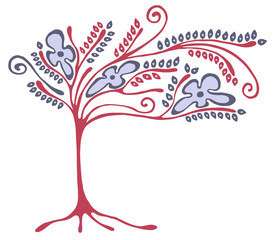 Vector hand drawn illustration, decorative ornamental stylized tree. Hand drawing colorful artistic silhouette. Graphic vector illustration. Decorative artistic ornamental wood