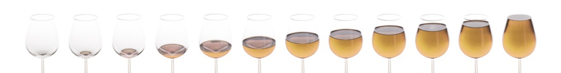 Serie von Bildern eines Glases das mit Weißwein gefüllt wird - freigestellt vor weißem Hintergrund