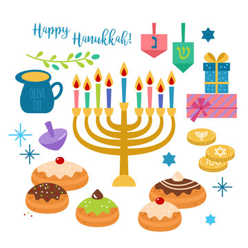 Hanukkah jewish holiday elements for graphic and web design on w
