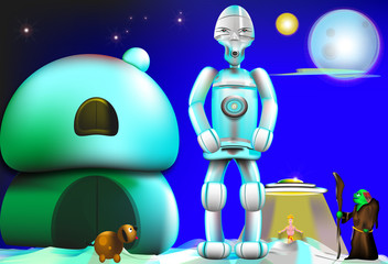 Robot y fraile verde en planeta extraterrestre, con ovni incluido. © Marc