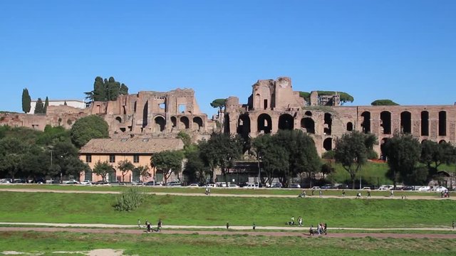 Rome, Italy, Circo Massimo and ruins of Roman Forum on Palatine hill.