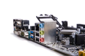 focus on the audio jacks motherboard, a white background