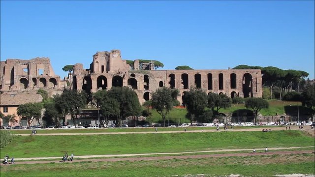 Rome, Italy, Circo Massimo and ruins of Roman Forum on Palatine hill