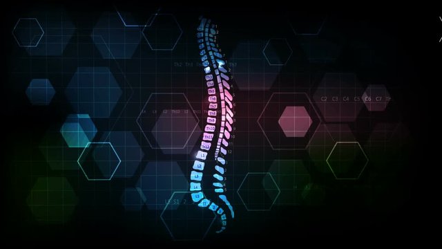 Spine health care abstract dark colorful background. Human spine anatomy with red color flashing circles at the middle of the spine and transparent hexagons at the background.