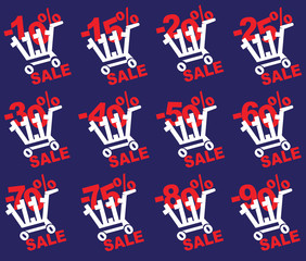 Big sale, stylized cart and the discount percentage. Vector illustration