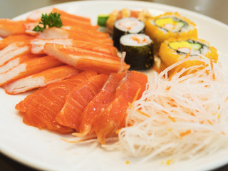 Fresh colorful Japanese food on the white plate, selective focused