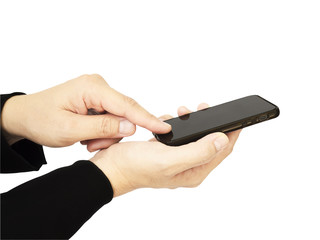 A business mas hands is using / pushing mobile phone. Photo is isolated over white and included clipping path.