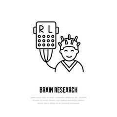 Vector thin line icon of brain research. Hospital, clinic linear logo. Outline encefalogram symbol, medical equipment. Brain examination. Design element, medical logotype