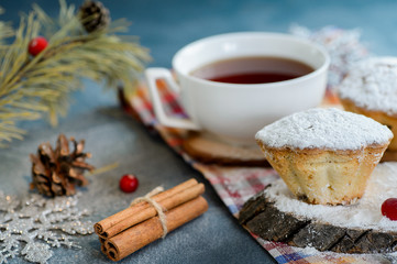Fresh homemade cranberry muffins in icing sugar with fir-tree branches and tea. selective Focus
