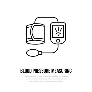 Vector Thin Line Icon Of Blood Pressure Measurement. Hospital, Clinic Linear Logo. Outline Tonometer Symbol, Medical Equipment. High Blood Examination. Design Element, Medical Logotype