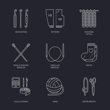 Vector line icons collection of knitting and crochet. Hand made elements -yarn, knitting needle, knitting hook, pin and others. Outline knitting symbol collection for invitations, notes, sites, banner
