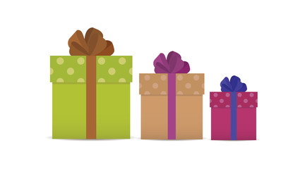 Three gifts or gift boxes of different sizes, isolated on white background