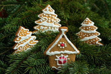 Obraz na płótnie Canvas Gingerbread house and christmas tree