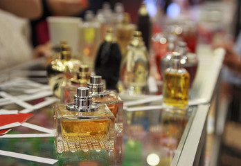 Vials of perfume on the counter. Sale