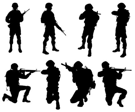 Silhouettes of soldiers on white background. Military service concept.