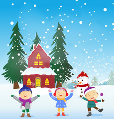 happy kids playing outdoors in winter