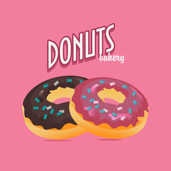 Conceptual food illustration in a cartoon style with two doughnuts. Donuts bakery typography. A donut snack with a chocolate and colored sugar on it and a donut with a glaze on it. 