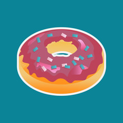 Food conceptual cartoon design sticker with a pink glazed doughnut. A donut icon with a colored sugar decoration on it.