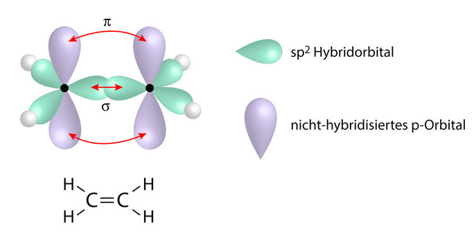 Illustration der Doppelbindung im Ethen mit sp2 Hybridorbitalen