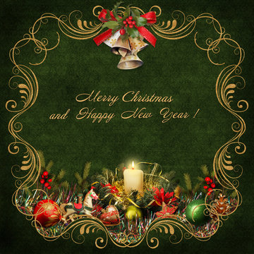 Christmas greeting card with golden swirls and christmas decorations