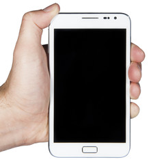Hand holding a white Smartphone with black screen on white backg