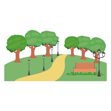 Bench trees and lamp icon. Park nature outdoor season spring and summer theme. Isolated design. Vector illustration