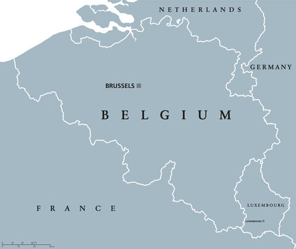 Belgium and Luxembourg political map with capitals Brussels and Luxembourg, with national borders and neighbor countries. Gray colored illustration with English labeling on white background.