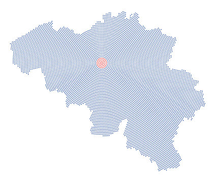 Belgium map radial dot pattern. Blue dots going from the red dotted capital Brussels outwards and form the country silhouette. Illustration on white background.